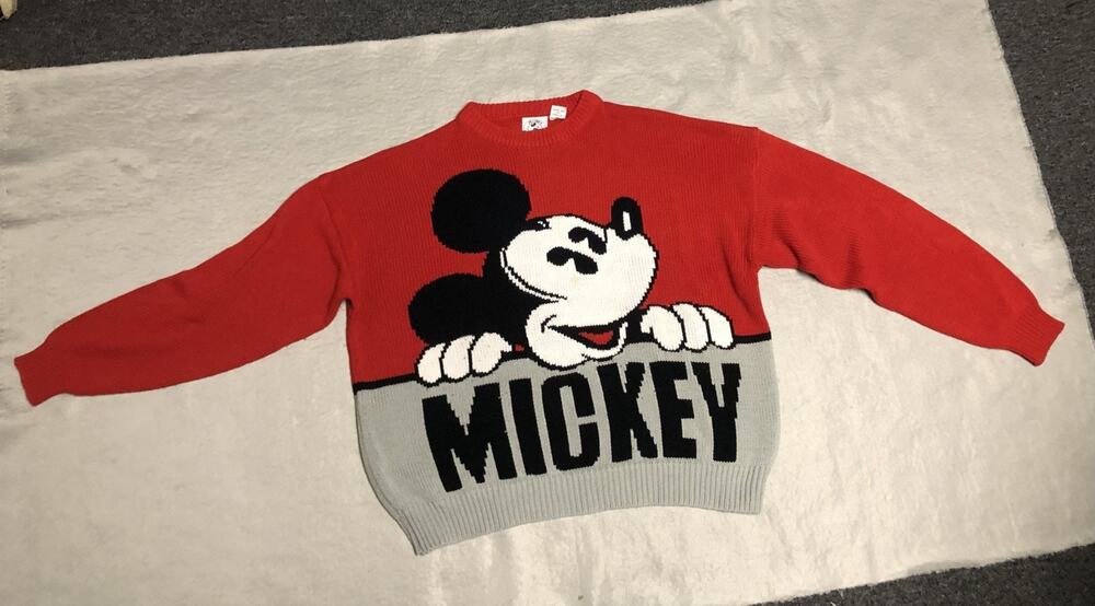 Vintage Mickey Mouse & Company Sweater XL Red Gray Colorblock Big Logo Retro